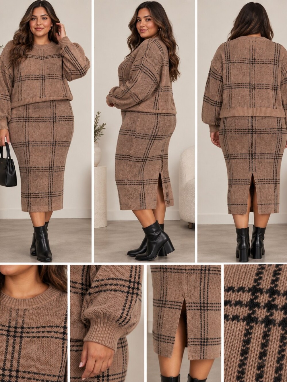 SHEIN Curve Plaid Knit Sweater & Midi Skirt Set – Size 1XL